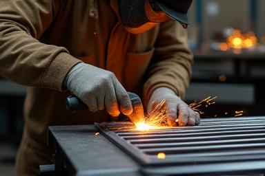 職人がグリルの溶接部分を丁寧に手作業で仕上げている様子